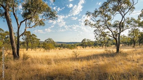 A classic Australian bushland landscape with dry grasses, shrubs, and eucalyptus trees.