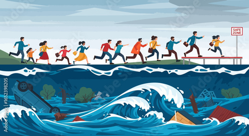 A diverse group of people running for their lives to escape a catastrophic tsunami wave, an illustration of survival and emergency evacuation.