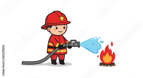 Cute Cartoon Firefighter Extinguishing Fire with Water Hose
