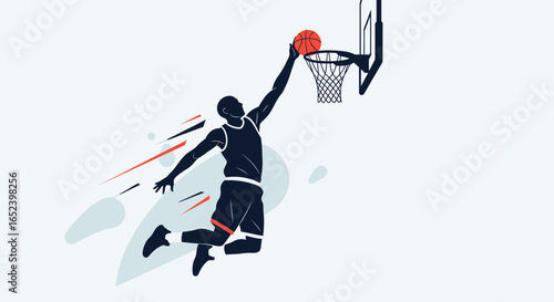 Illustration of a basketball player dunking a basketball with motion streaks and abstract shapes against a light blue background