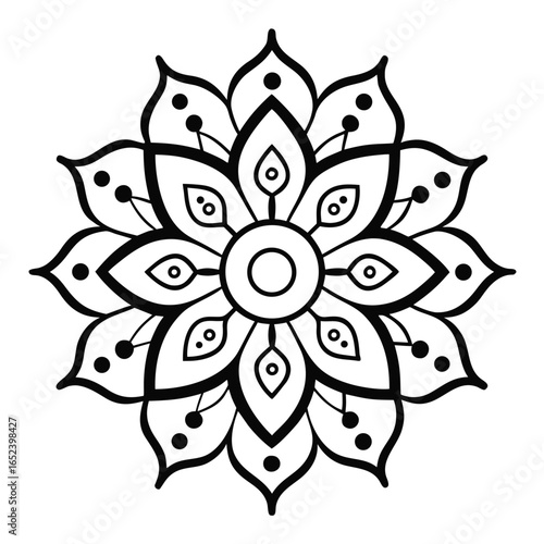Intricate Black and White Mandala Design with Floral Elements