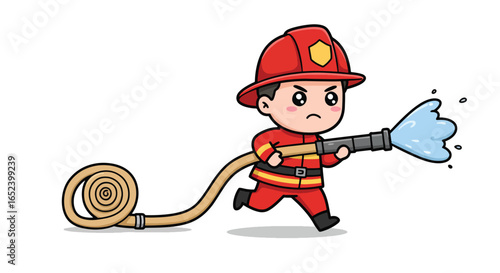 Cute Cartoon Firefighter Spraying Water with Hose