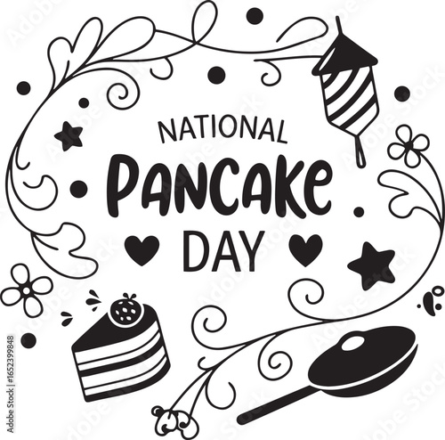 Celebratory National Pancake Day Doodle with Festive Flourishes and Sweet Treats