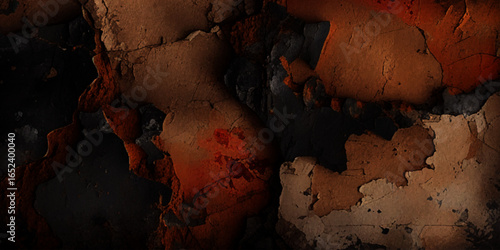 Textured landscape of cracked, earthy terrain with a mix of dark brown, reddish, and grayish tones, resembling a dry, rugged surface.