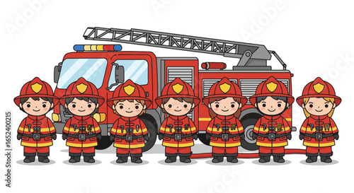 Cute Cartoon Firefighters Standing with Fire Truck