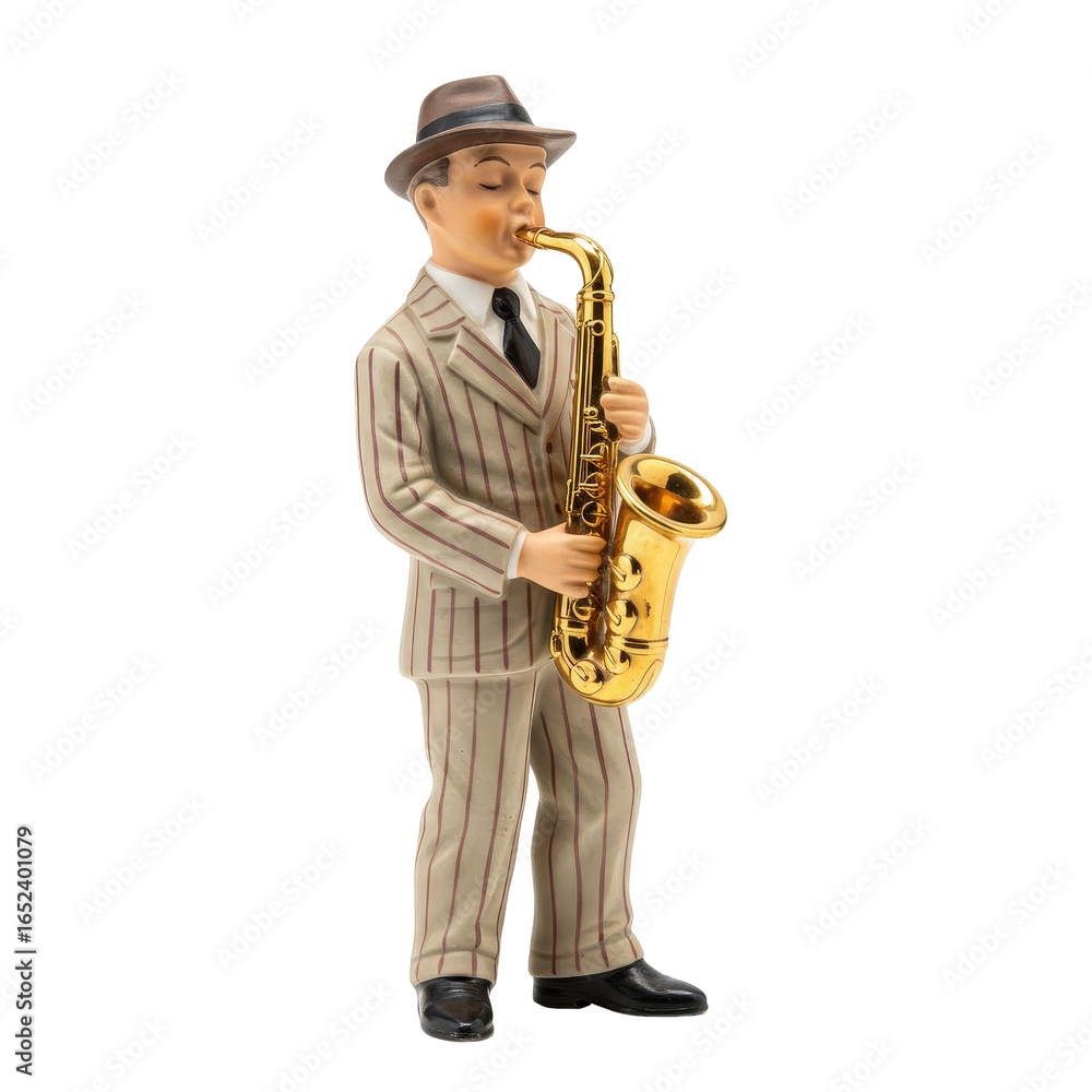 Fototapeta premium Vintage porcelain figurine of a jazz saxophonist in a striped suit with a brown fedora hat