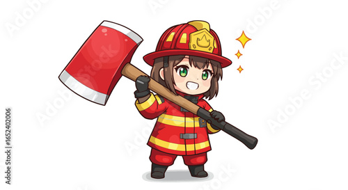 Cute Chibi Firefighter Girl with Axe Illustration