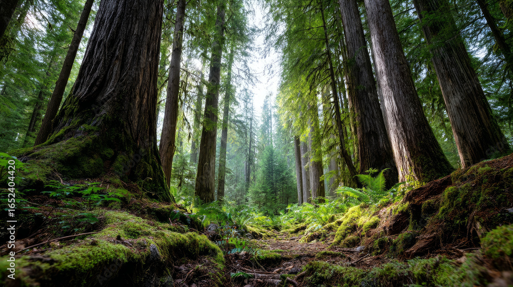 Obraz premium Beautiful forest background for screensaver. with sunbeams. Calm close-up of fairytale forest and nature landscape, panorama. Summer vacation, holiday, amazing nature.