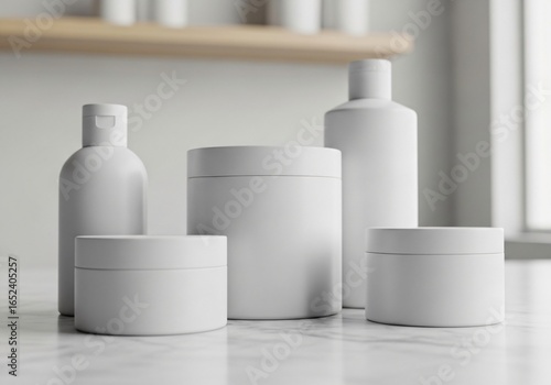 Minimalist white cosmetic packaging mockup with bottles and jars on a marble surface.