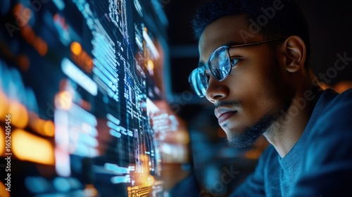 Focused individual reviewing detailed code on a computer screen.