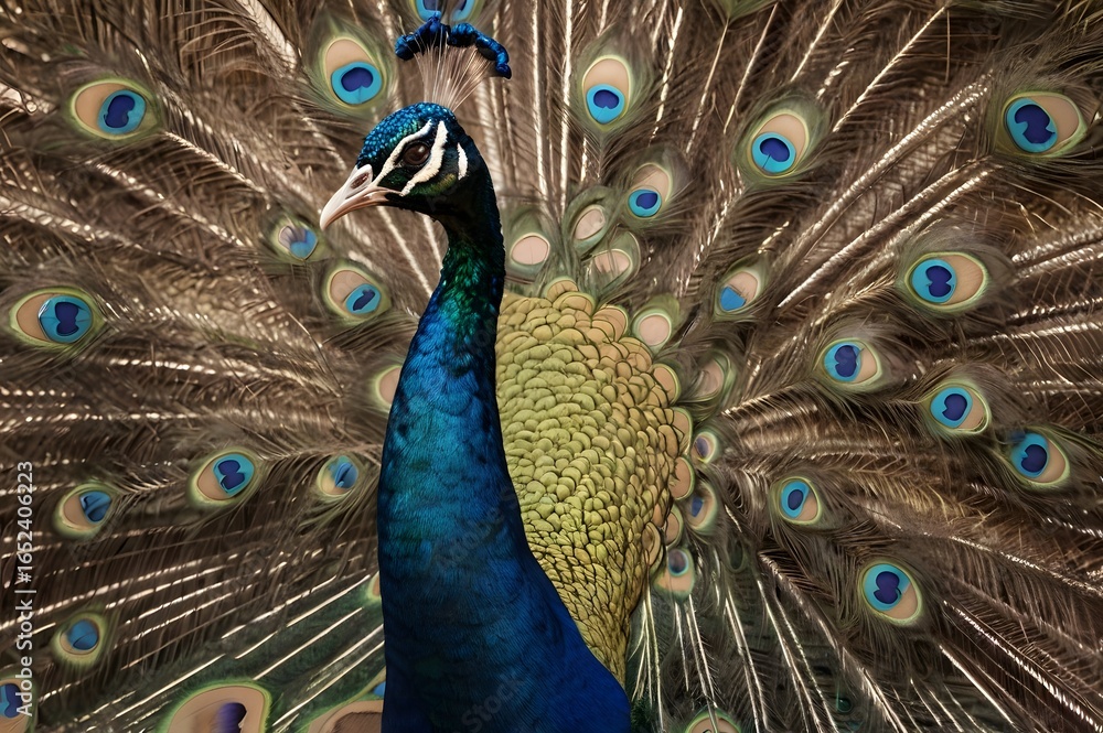 Fototapeta premium Stunning peacock displaying vibrant feathers in graceful pose, a symbol of beauty and elegance