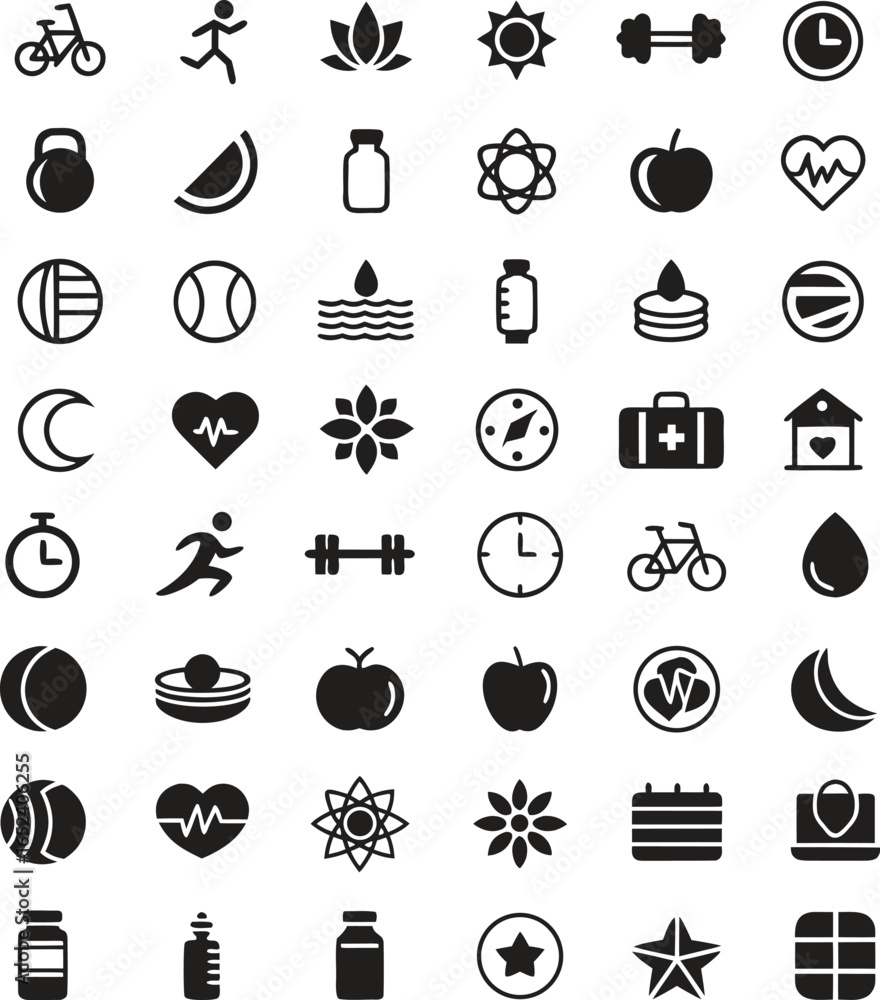 Naklejka premium Fitness and Lifestyle Icons Silhouette – Sport, Gym, Exercise, Wellness Vector Isolate on White Background