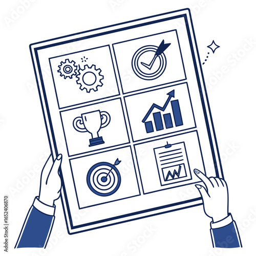 Business strategy and success plan visualized on a digital board with icons representing goals achievement growth and teamwork