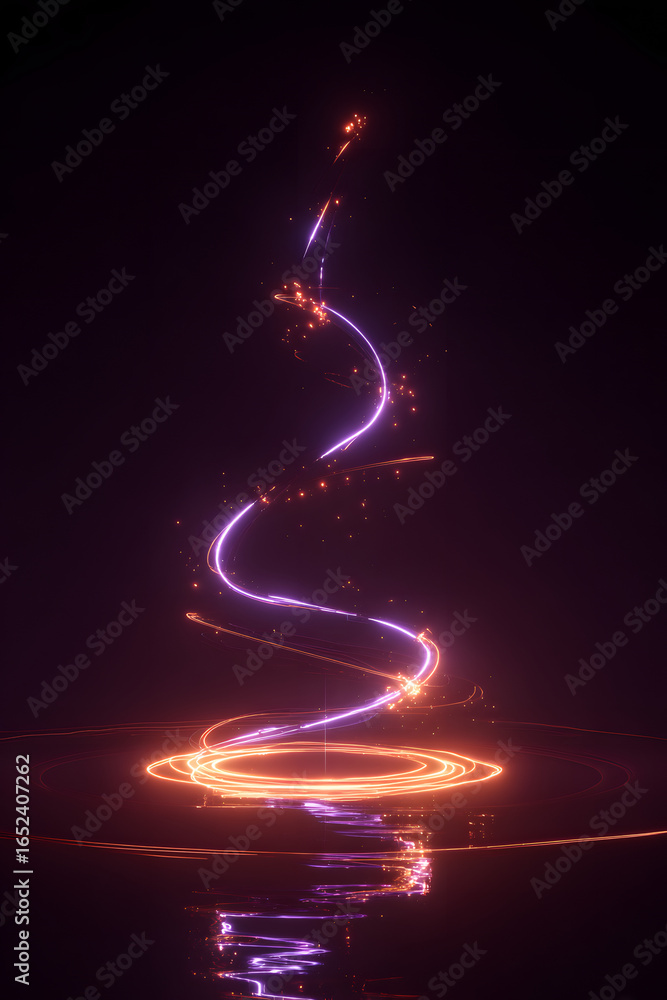 Obraz premium Glowing quantum gpu particle radiating purple and orange neon energy with holographic data streams in a futuristic scifi scene