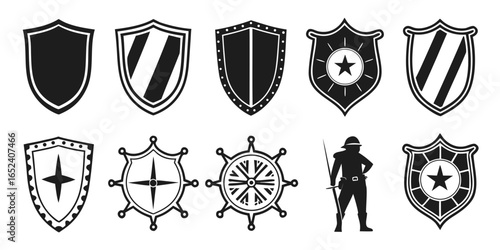 Collection of diverse shield icons and a knight silhouette representing protection security and heraldry in a graphic design set