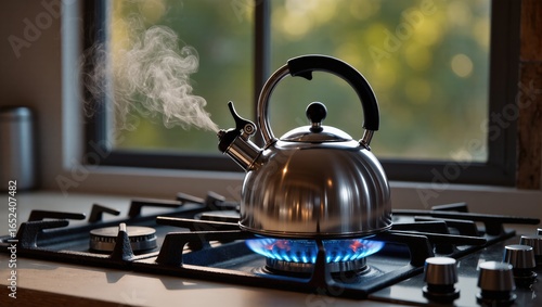 A stainless steel kettle, perched atop a gas stove, steams invitingly as it nears its boiling point. The scene exudes warmth and domesticity.