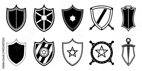 Collection of ten black and white shield icons with various designs and symbols representing protection and heraldry