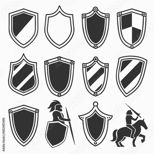 Collection of diverse medieval shield designs and knightly figures in silhouette representing protection and heraldry