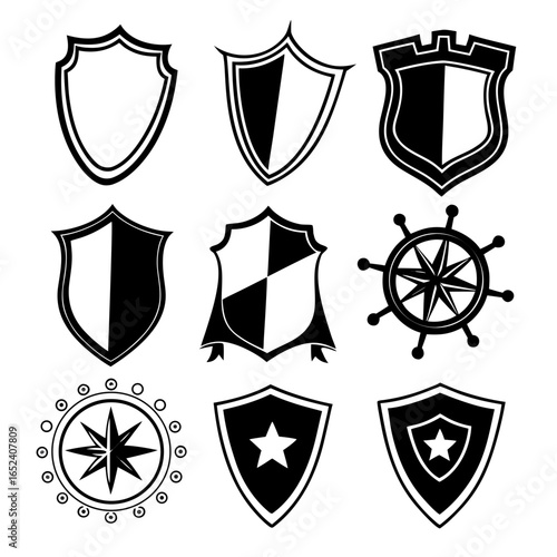Collection of nine black and white heraldic shield emblems and nautical symbols on a white background