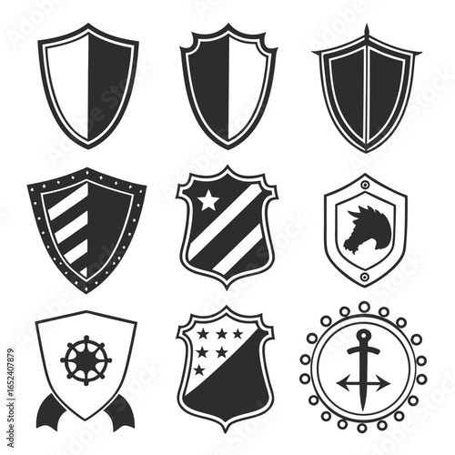 Collection of nine diverse shield emblems with various designs including stripes stars horse head anchor and steering wheel motifs