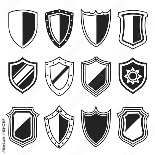 Collection of twelve diverse black and white shield emblems and crests representing protection security and heraldry
