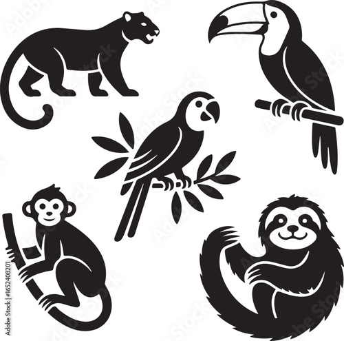 Five black silhouette jungle animals including panther toucan parrot monkey and sloth jaguar big cat