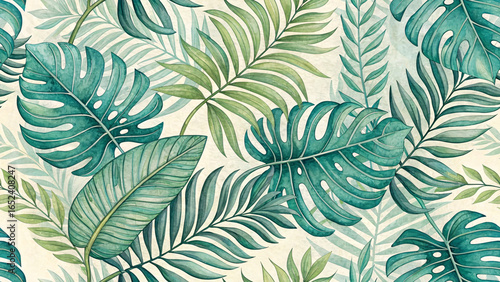 Seamless tropical palm leaves pattern in green tones, summer design
