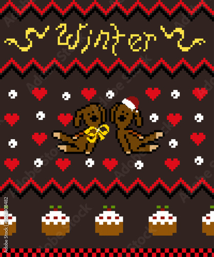 Christmas dog sweetheart abstract background, print, fabric, embroidery, Pixel pattern, seamless Geometric ethnic oriental wallpaper, clothing, wrapping, batik, and illustration embroidery.