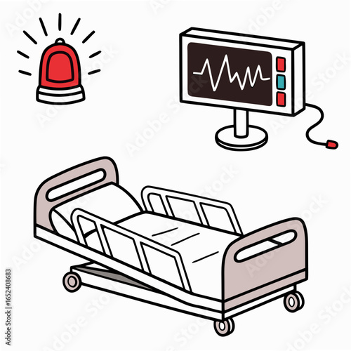 Hospital bed with medical monitoring equipment and flashing alarm light symbolizing emergency care and patient monitoring