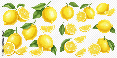 A collection of illustrated yellow lemons, whole, halved, and sliced, with green leaves on a transparent background.