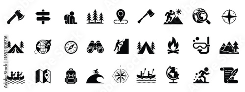 Adventure icon set. Containing hike, campfire, snorkeling, climbing, travel and canoeing icons. Outdoor activity concept. Solid icon collection