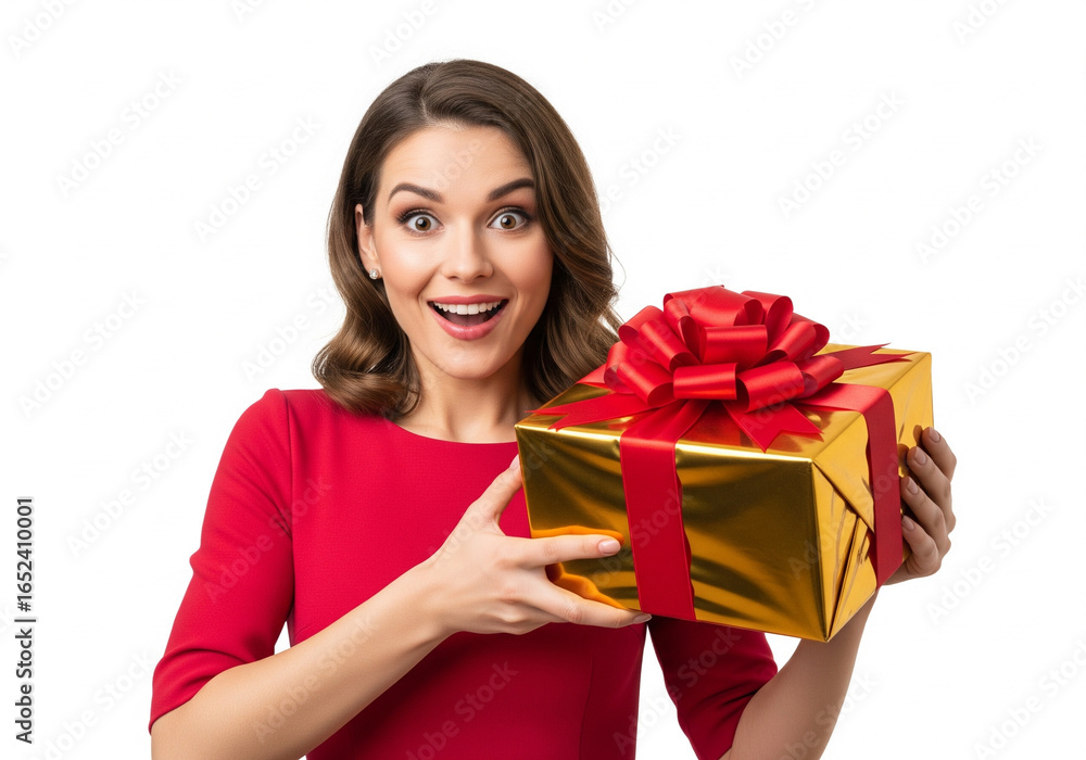 A surprised woman in a red dress excitedly holds a large gold gift box with a red ribbon. A surprised woman in a red dress excitedly holds a large gold gift box with a red ribbon.