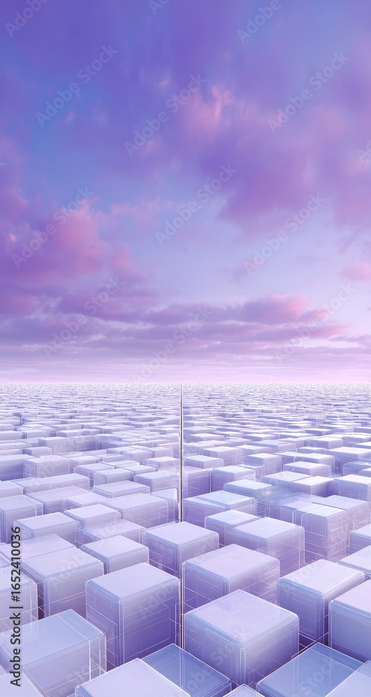 Obraz premium Futuristic city skyline at sunset, aerial view, purple sky, urban planning concept