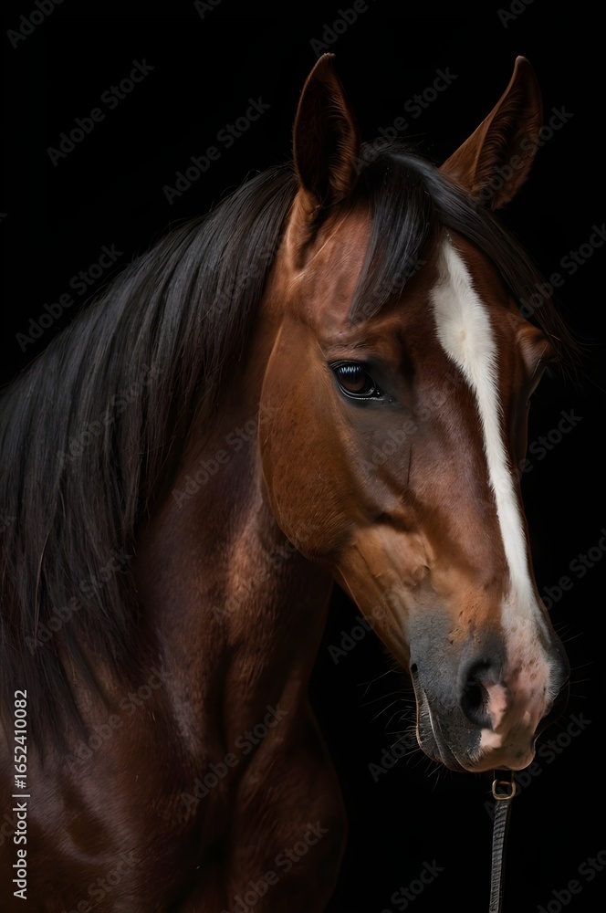 Detailed profile of a warmblood dressage horse against a dark studio background, focus on flowing mane and muscle definition, no people,Generative Ai
Detailed profile of a warmblood dressage horse against a dark studio background, focus on flowing mane and muscle definition, no people,Generative Ai