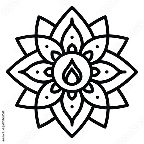 Intricate Black and White Mandala with Flame Symbol
