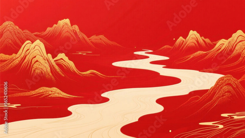 Red and gold traditional Chinese landscape with winding river and mountains