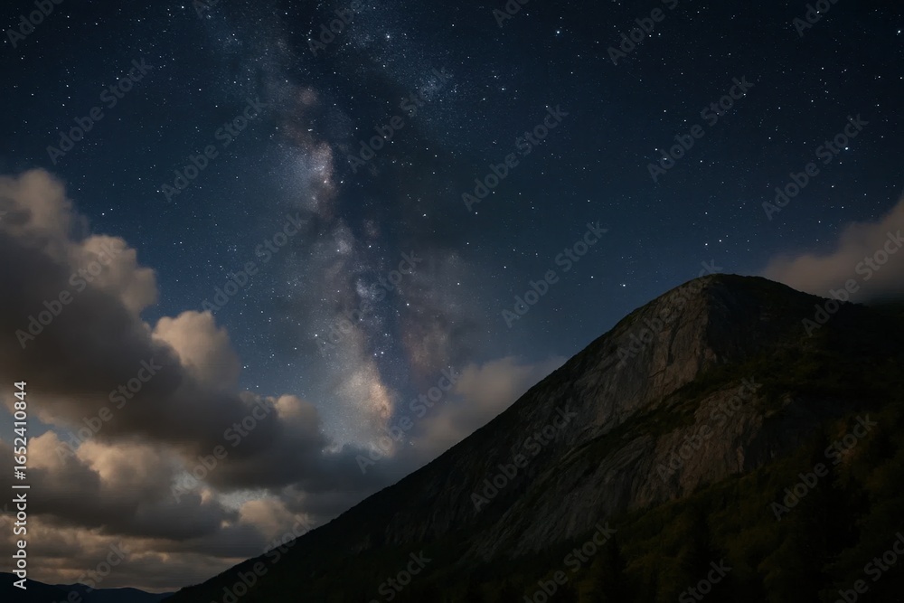 Fototapeta premium A tranquil night sky blanketed with stars above a majestic mountain, where clouds drift lazily across the horizon