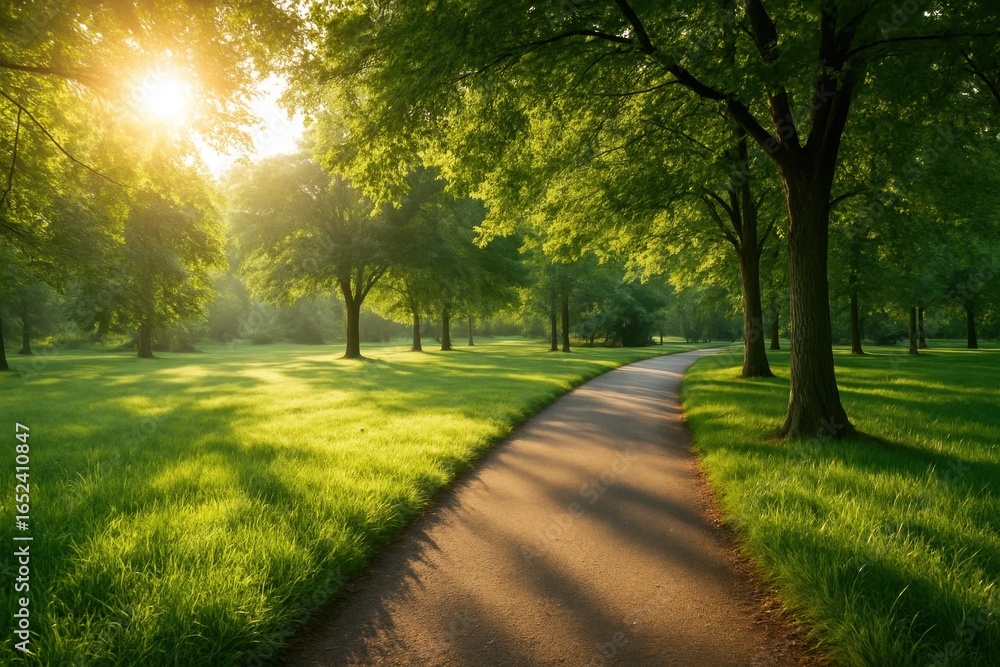 Fototapeta premium A serene pathway through a lush park bathed in the golden glow of sunrise