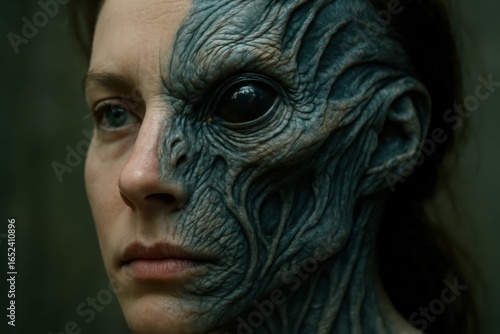 A human face merging with a serpentine creature