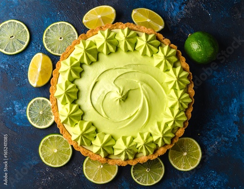 A vibrant lime tart, swirled cream filling, decorated with piped rosettes, surrounded by lime slices