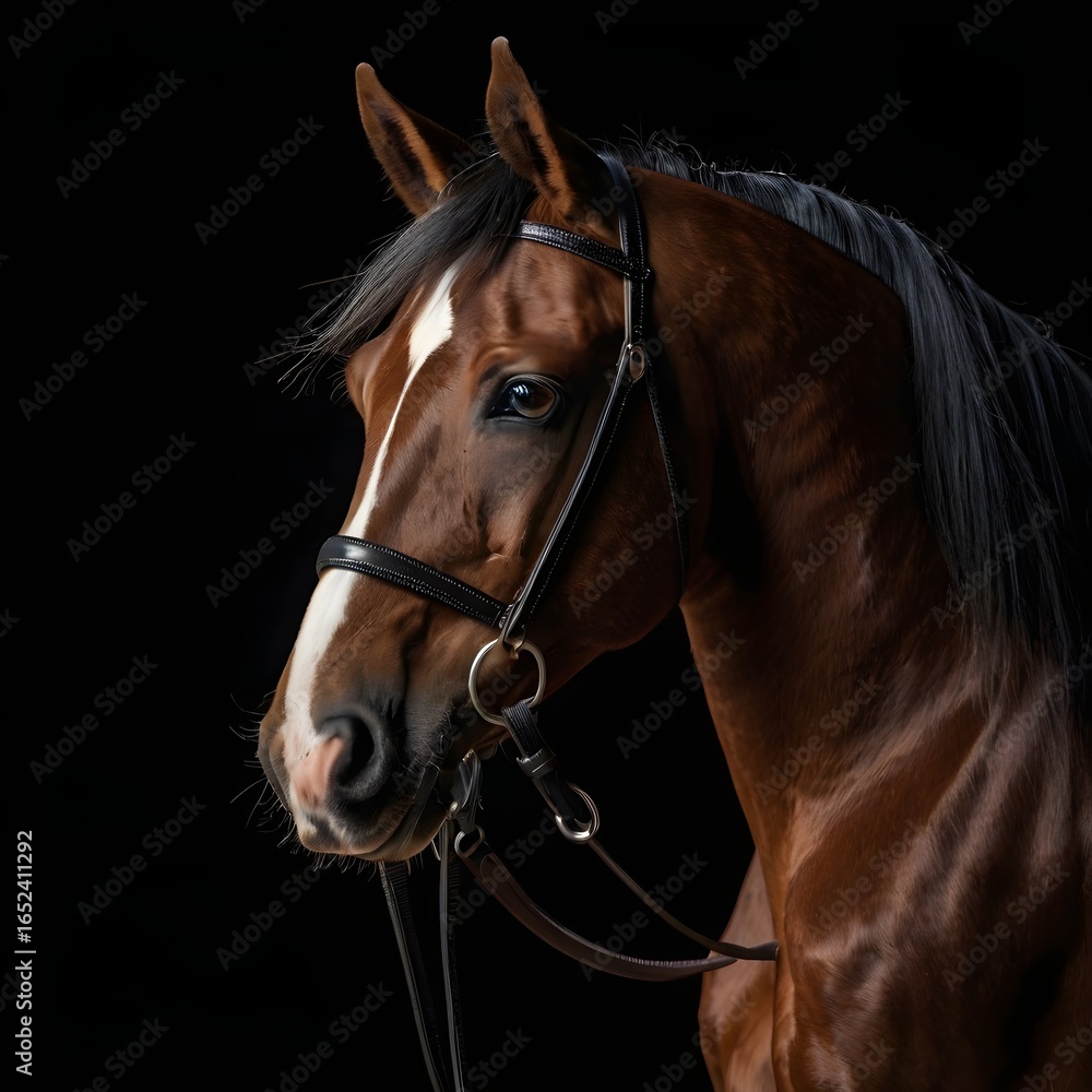 Fototapeta premium Detailed profile of a warmblood dressage horse against a dark studio background, focus on flowing mane and muscle definition, no people,Generative Ai 