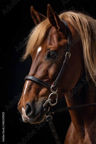 Detailed profile of a warmblood dressage horse against a dark studio background, focus on flowing mane and muscle definition, no people,Generative Ai
