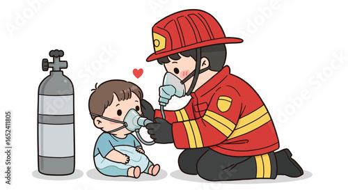 Firefighter Providing Oxygen to a Young Child