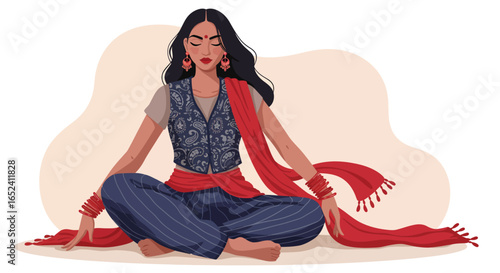 Serene indian woman in meditation pose, embodying peace, spirituality, and traditional culture through yoga and mindful practice in a modern artistic design