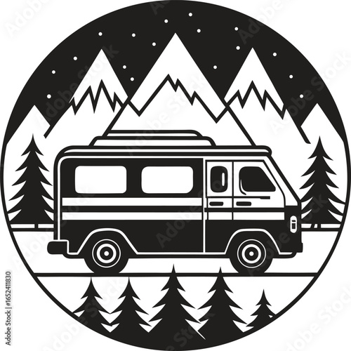 Camper van adventure silhouette. Travel, road trip, camping, holiday vector isolate on white background
