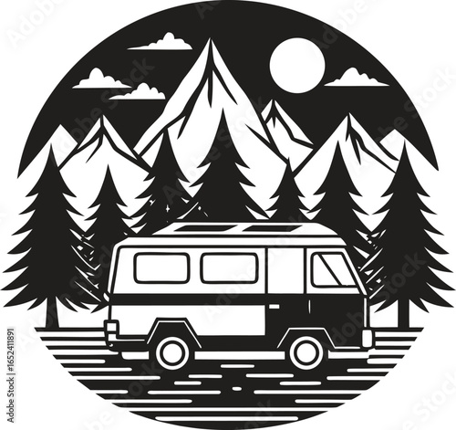 Camper van adventure silhouette. Travel, road trip, camping, holiday vector isolate on white background