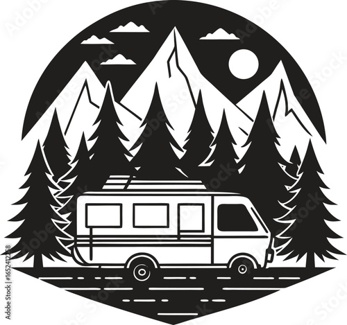 Camper van adventure silhouette. Travel, road trip, camping, holiday vector isolate on white background