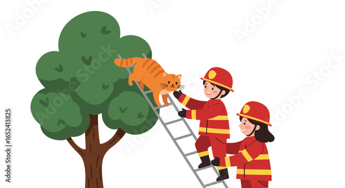 Firefighters Rescuing Cat from Tree