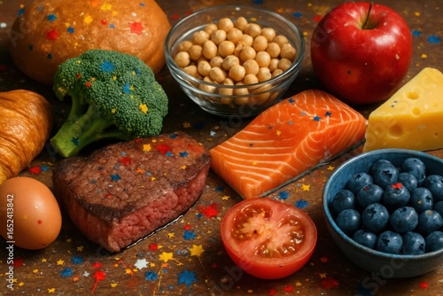 A vibrant array of nutritious foods showcased on a rustic wooden table, highlighting the importance of balanced diets