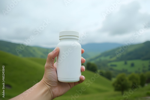 Holding White Supplement Bottle Against Nature Background